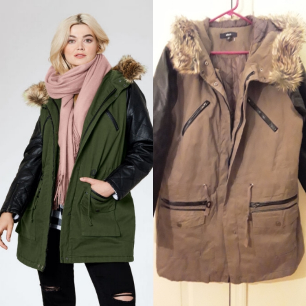 Brown Quilted Faux Leather Sleeve Parka Coat